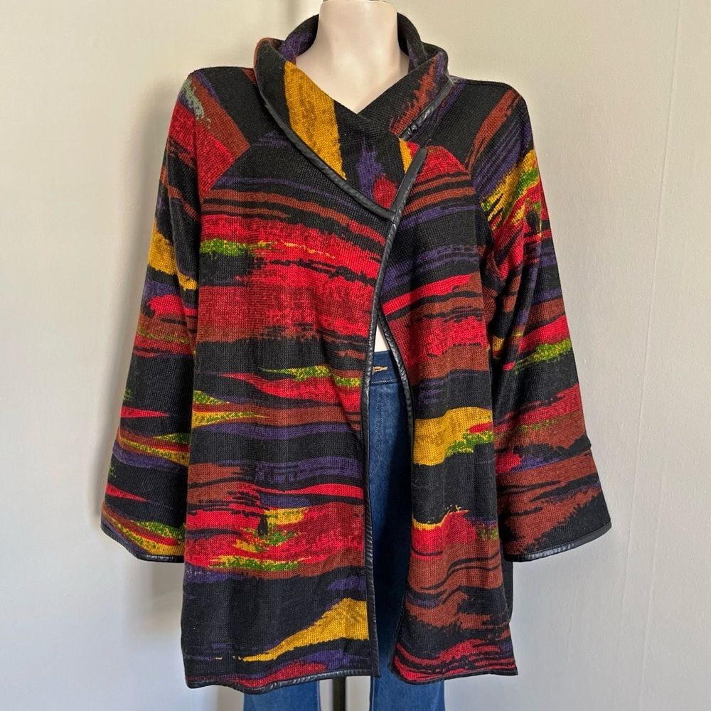 Boho Art Knit Jacket Abstract Cardigan Shawl Collar Lagenlook L Ali Miles